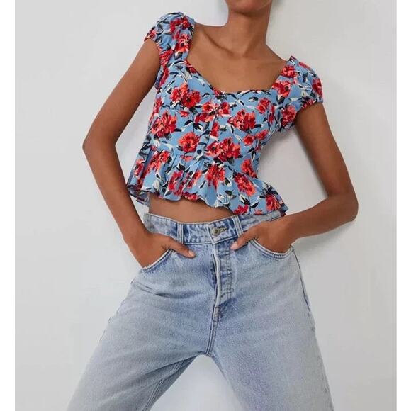 Zara‎ Smocked Back Floral Cropped Top Red & Blue Size Small - Picture 1 of 11